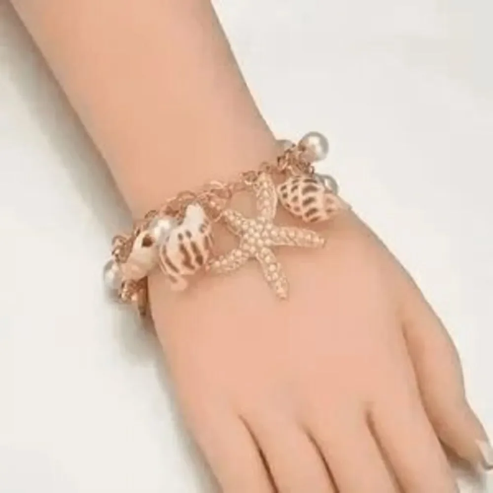Chunky Golden Beach Starfish Concho Shell Pearl Necklace and Bracelet Set